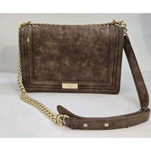 BCBG Handbag Paris Carmen Large Textured Leather Chain Shoulder Brown Faux Suede